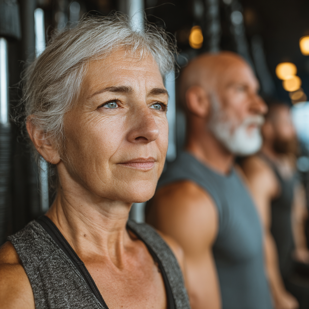 Mature adults engaged in fitness training in a modern gym setting with professional equipment