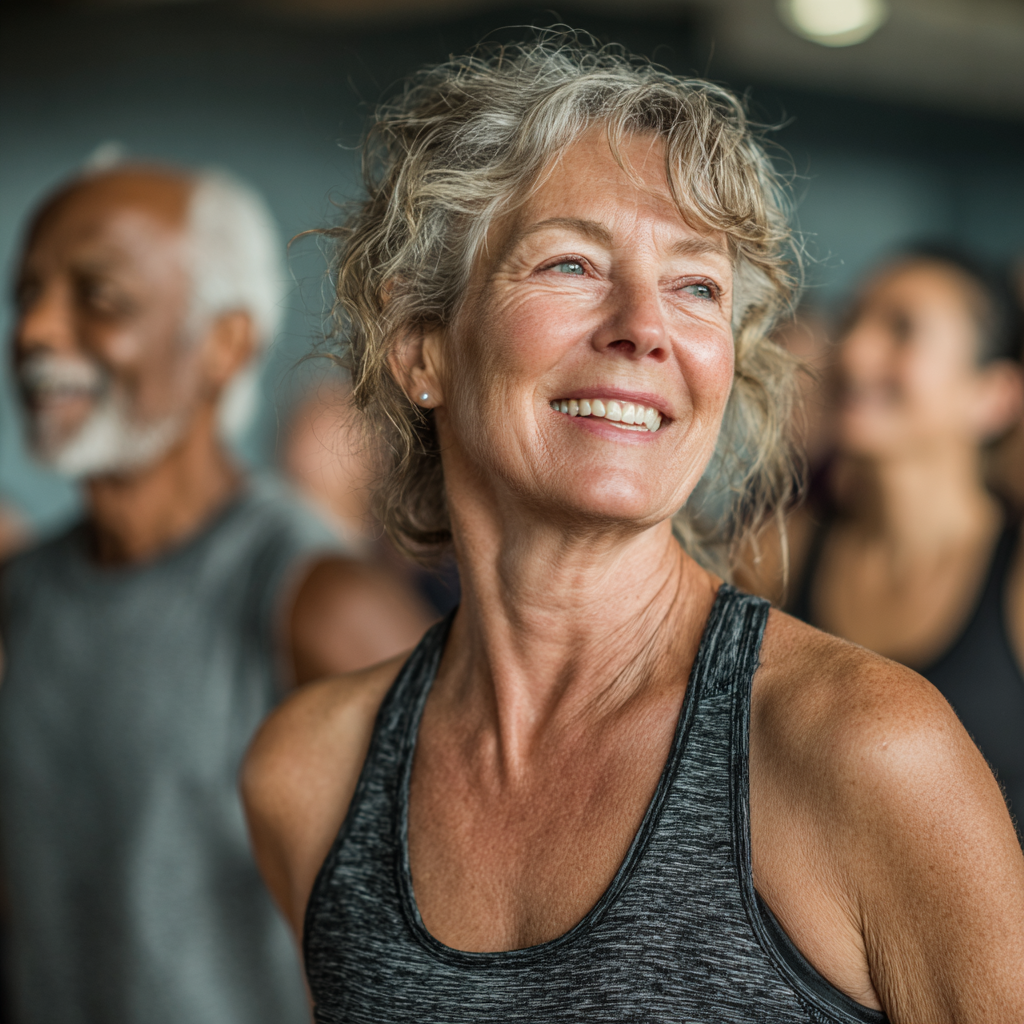 Mature adults participating in group fitness session with focus on proper form and technique