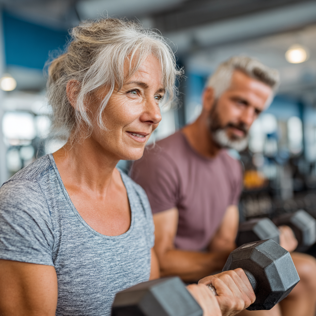 Professional fitness instructor working with mature adults in a well-equipped training facility